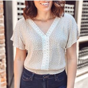 Hem & Thread Beige Lace-Trim V-Neck Blouse